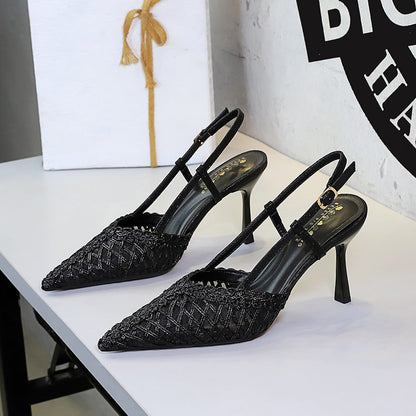 Women Wire Mesh Socialite Women Classy Shoes Pointed Toe Low Cut Ankle Strap Buckle Outdoor Sandals  DestGlow
