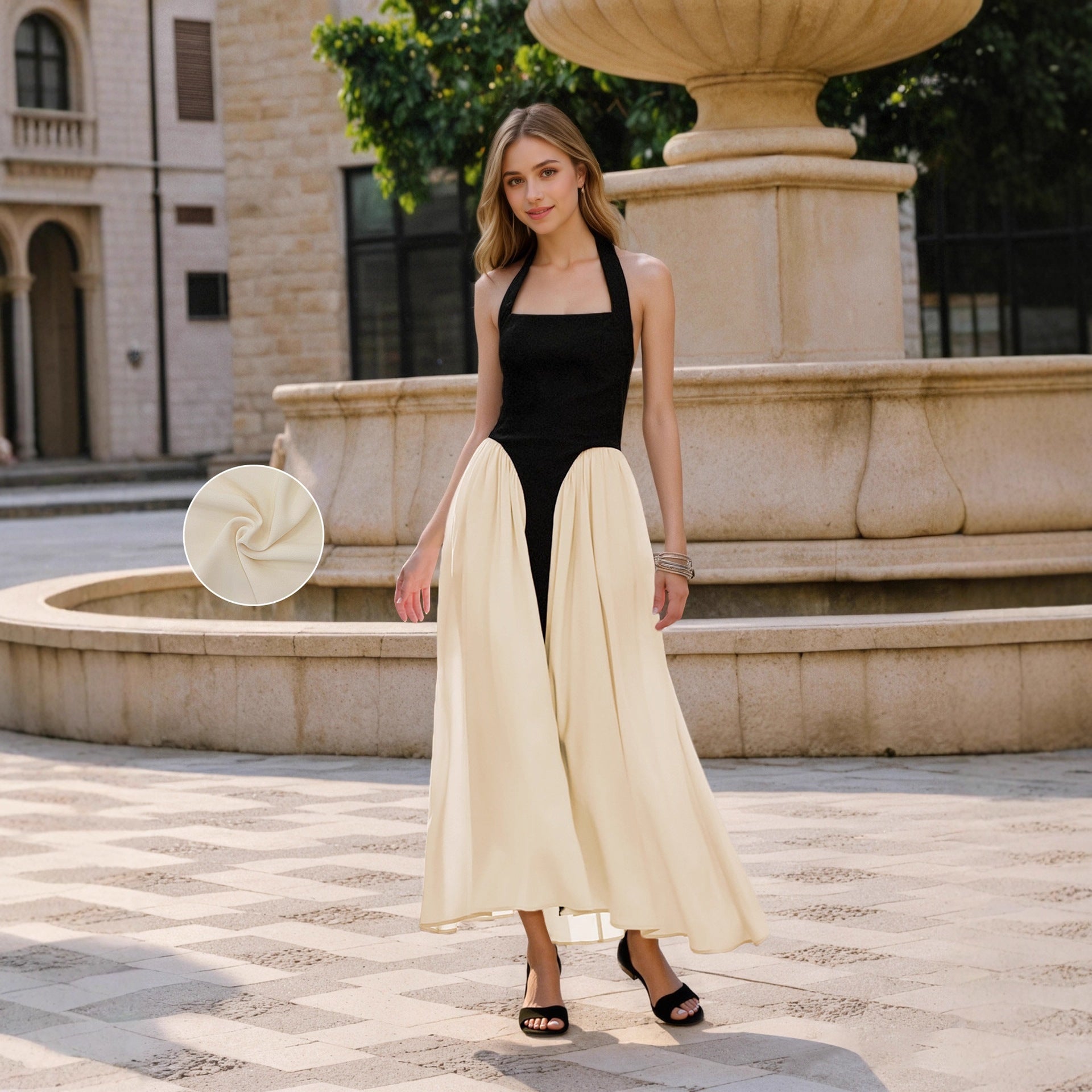 Socialite Elegant Women Dress Slim Fit Black White Stitching Sleeveless Halter Backless Maxi Dress off Neck Dress by Ragazza