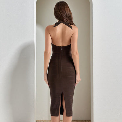Hip Maxi Dress Knitted Wide Sunken Stripe Halter Tight Dress by Ragazza