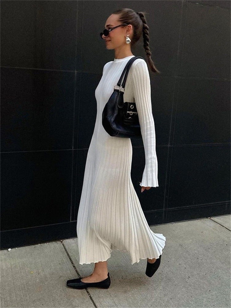 Long Sleeve Round Neck Tight Knitted Dress Autumn Sweater Dress Sunken Stripe Solid Color Base Dress by Ragazza