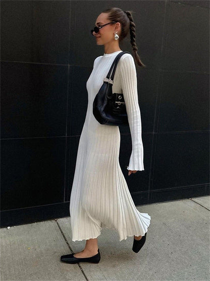 Long Sleeve Round Neck Tight Knitted Dress Autumn Sweater Dress Sunken Stripe Solid Color Base Dress by Ragazza