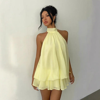Vacation Figure Flattering Fashionable Sexy Backless Halter Lace Up Waist Trimming Solid Color Dress  DestGlow