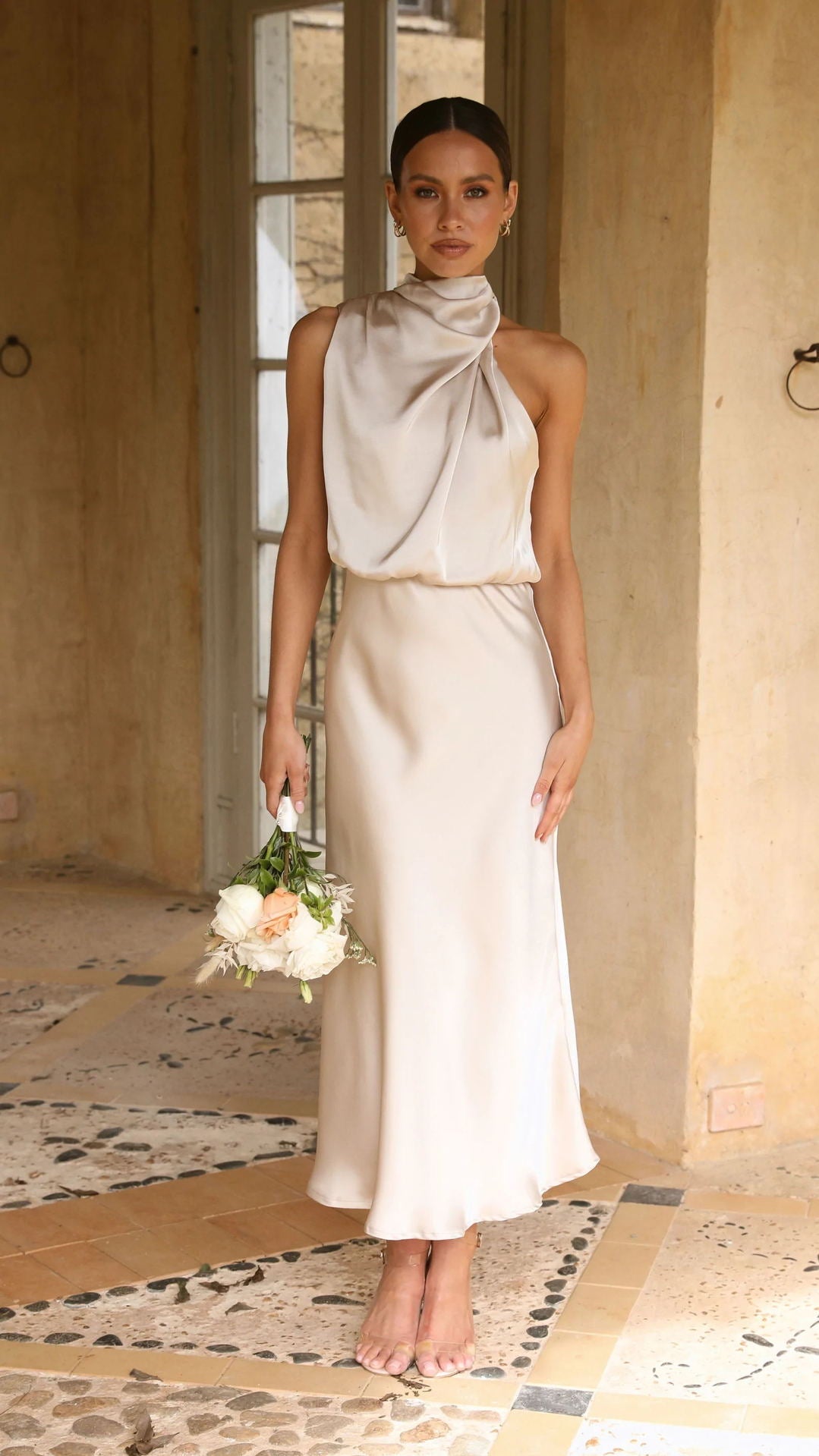 Summer Mature Elegant Women Clothing Sleeveless Halter Solid Color Satin Dress by Ragazza
