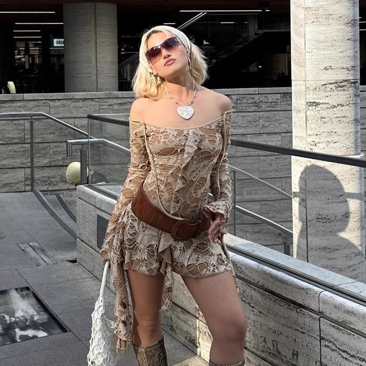 Retro Waste Soil Sexy Ripped Fabric Bell Sleeve off Shoulder Irregular Asymmetric Dress  DestGlow