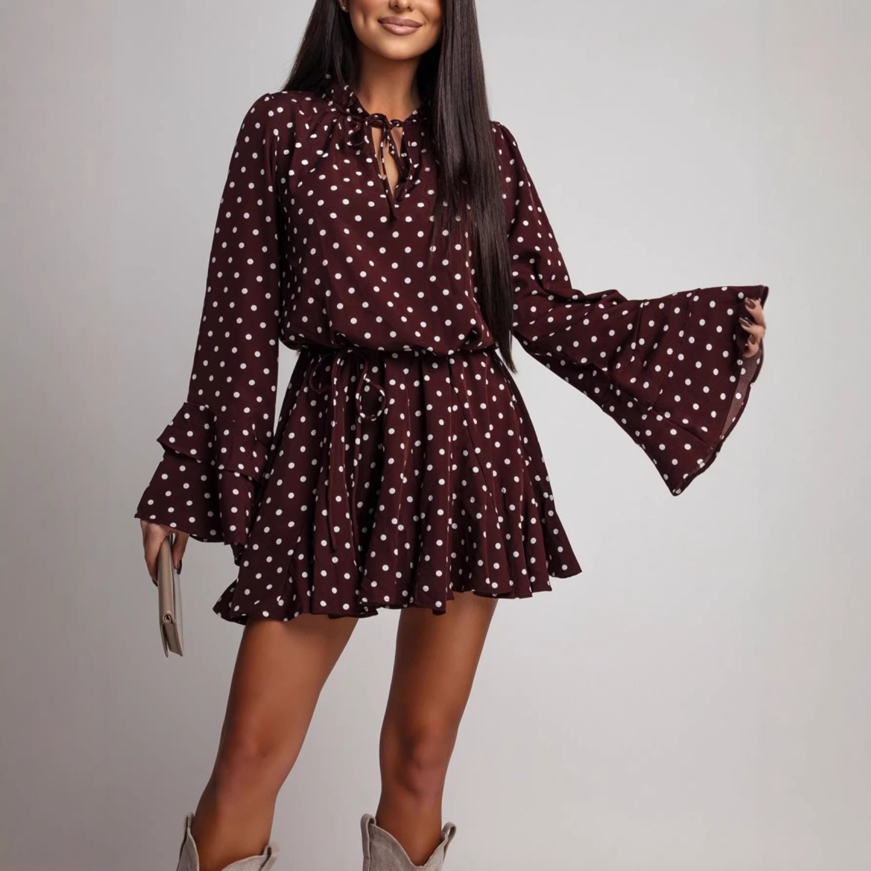 Women Polka Dot V neck Long Sleeve Dress  DestGlow