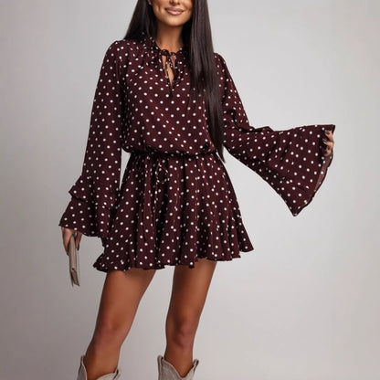 Women Polka Dot V neck Long Sleeve Dress  DestGlow