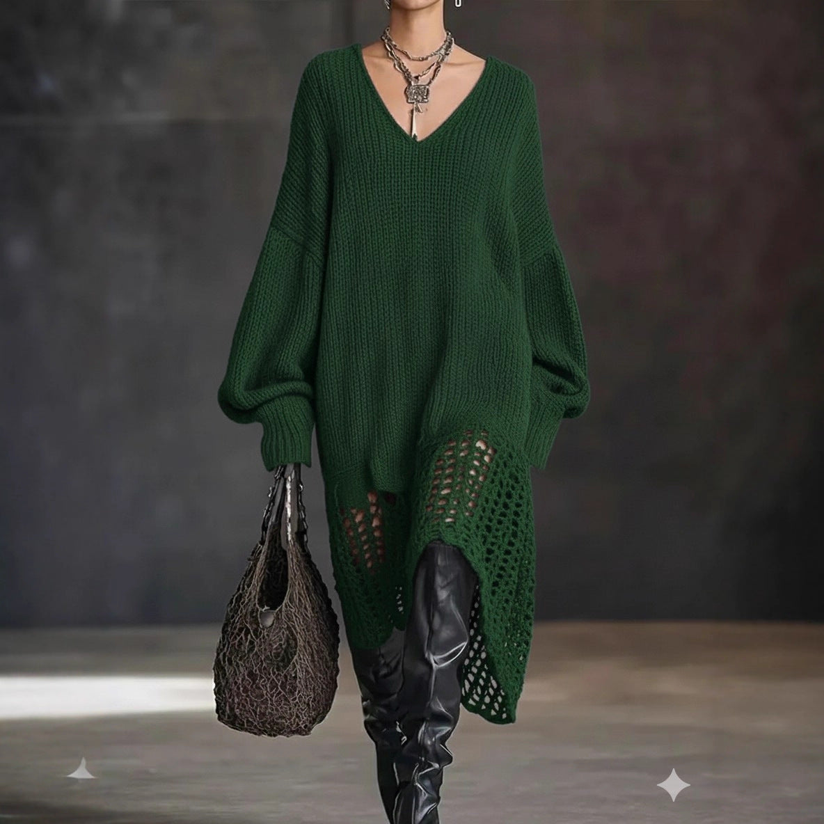 V neck Knitted Dress Irregular Asymmetric Hem Hollow Out Cutout out Loose Dress by Ragazza