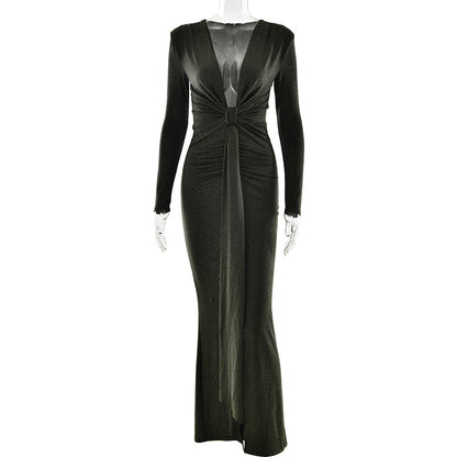 Autumn Winter Sexy Deep V Plunge neck Ribbon Dress Sexy Slit Slim Fitting Dress by Ragazza