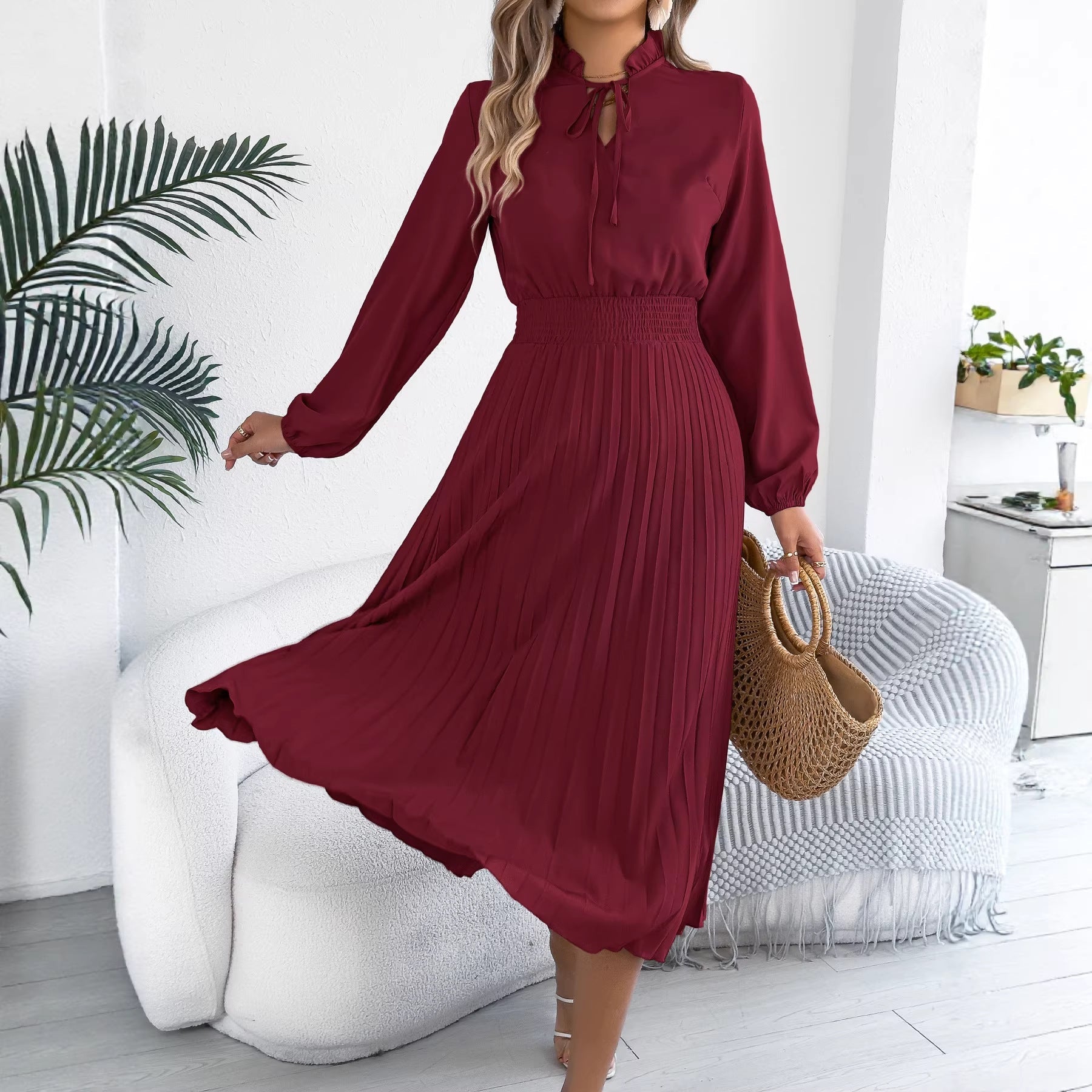 Women Clothing Spring Summer Elegant Lace up Lantern Sleeve Long Pleated Dress by Ragazza