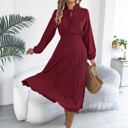 Women Clothing Spring Summer Elegant Lace up Lantern Sleeve Long Pleated Dress by Ragazza
