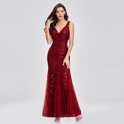 Evening Dress V neck Tulle Embroidered Sequ Sexy Mermaid Prom Dress Women Formal Dress by Ragazza