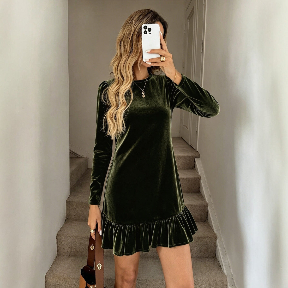 Women round Neck Velvet Dress Long Sleeve Waist Slimming Flounce Hem Dress  DestGlow