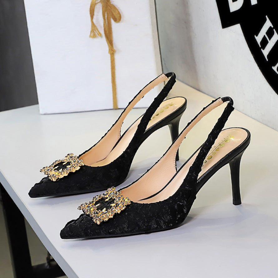 Cocktail Stiletto Heel Women Shoes Metal Rhinestone Square Buckle Pointed Toe Slingback Back Strap Sandals Women  DestGlow