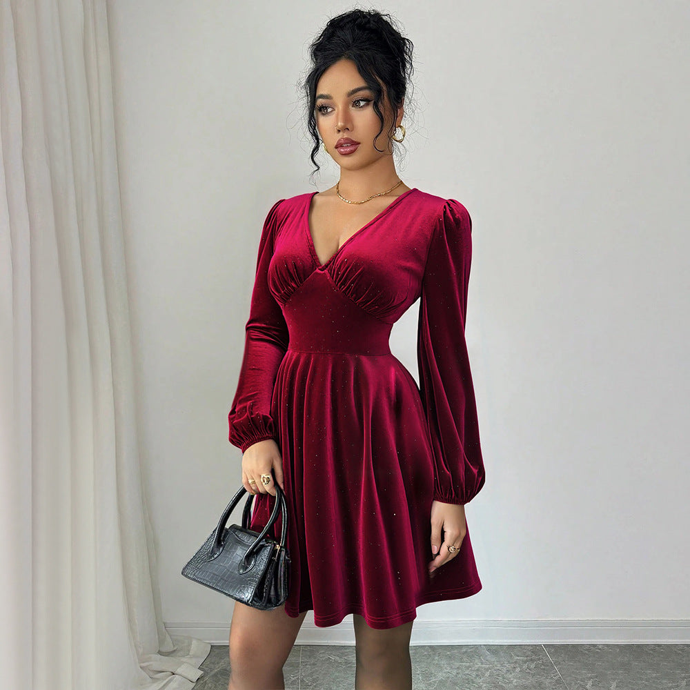 Retro Socialite Christmas Wine Red Velvet V neck Lantern Sleeve Slim Slimming A line Pleated Short Dress by Ragazza
