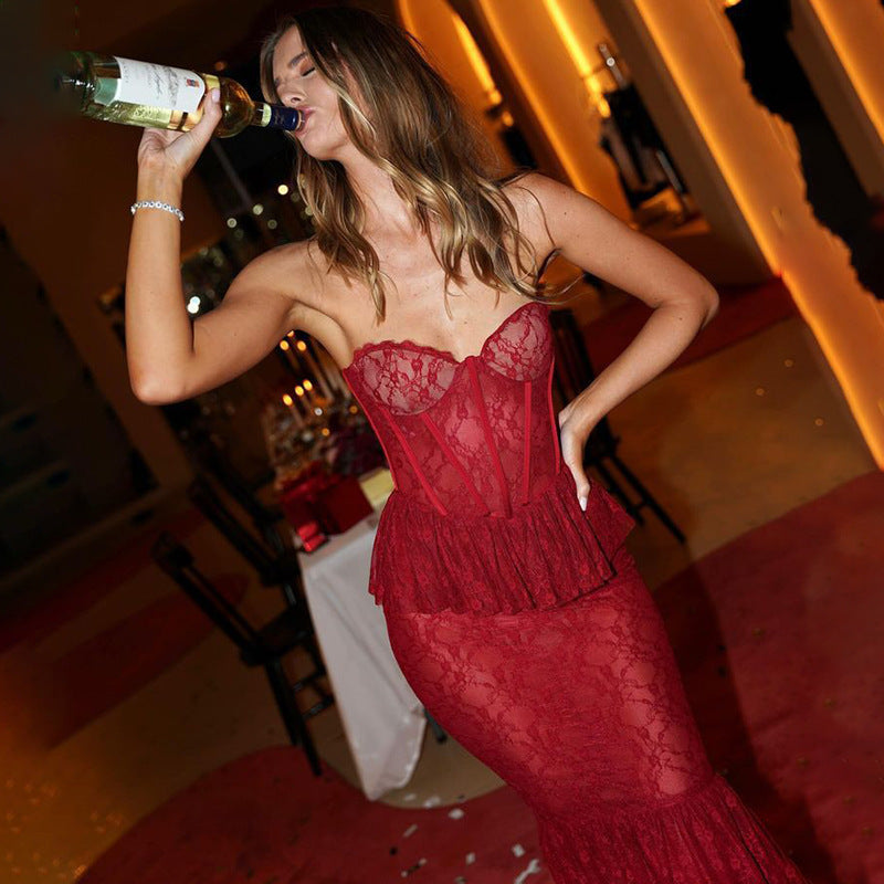 Autumn Winter Lace See through Tube Top Fishtail Dress Sexy Tight Sexy Night Club Long Dress by Ragazza