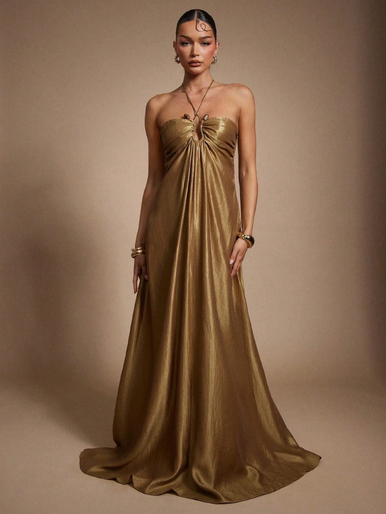 Summer Halter Sleeveless Backless Slim Fit Figure Flattering Waist Solid Color Maxi Dress  DestGlow
