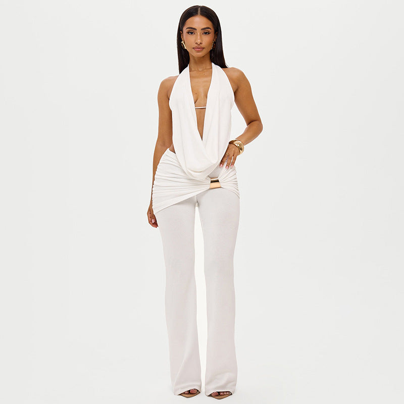 Women Clothing Winter Hanging Collar Backless Top Metal Buckle Bootcut Pants Two Piece Set by Ragazza