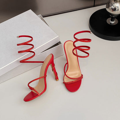 Summer Snake Shaped Rhinestone High Heel Shoes Internet Celebrity Fairy Winding Stiletto Sandals Women  DestGlow