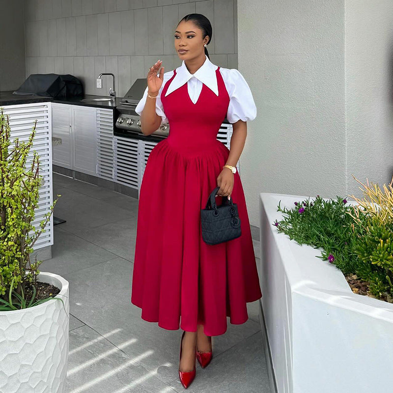Women Clothing Autumn Elegant Bubble Sleeve Women Shirt Collar High Waist Slimming Dress Faux Two Pieces by Ragazza