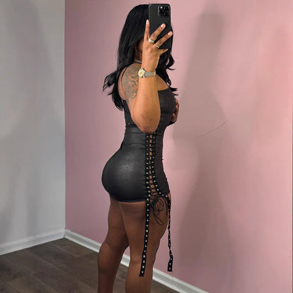 Women Clothing Dress Diagonal Collar Ribbon Hollow Out Cutout out Strap Single Side Long Sleeve Pullover Hip for Women by Ragazza