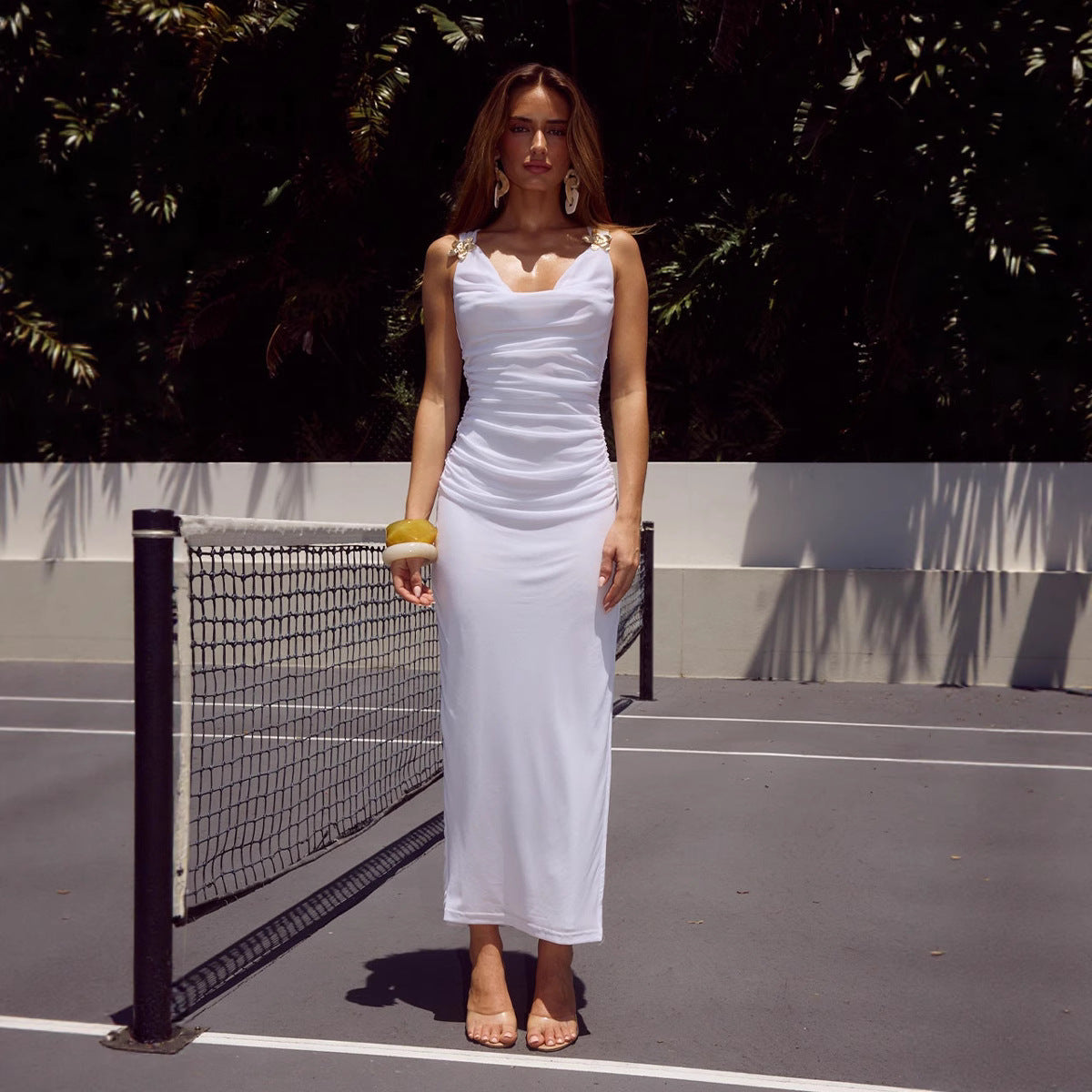 Fashionable All Match Sling Swing Collar Pleating Sheath High Waist Slit Sleeveless Maxi Dress by Ragazza