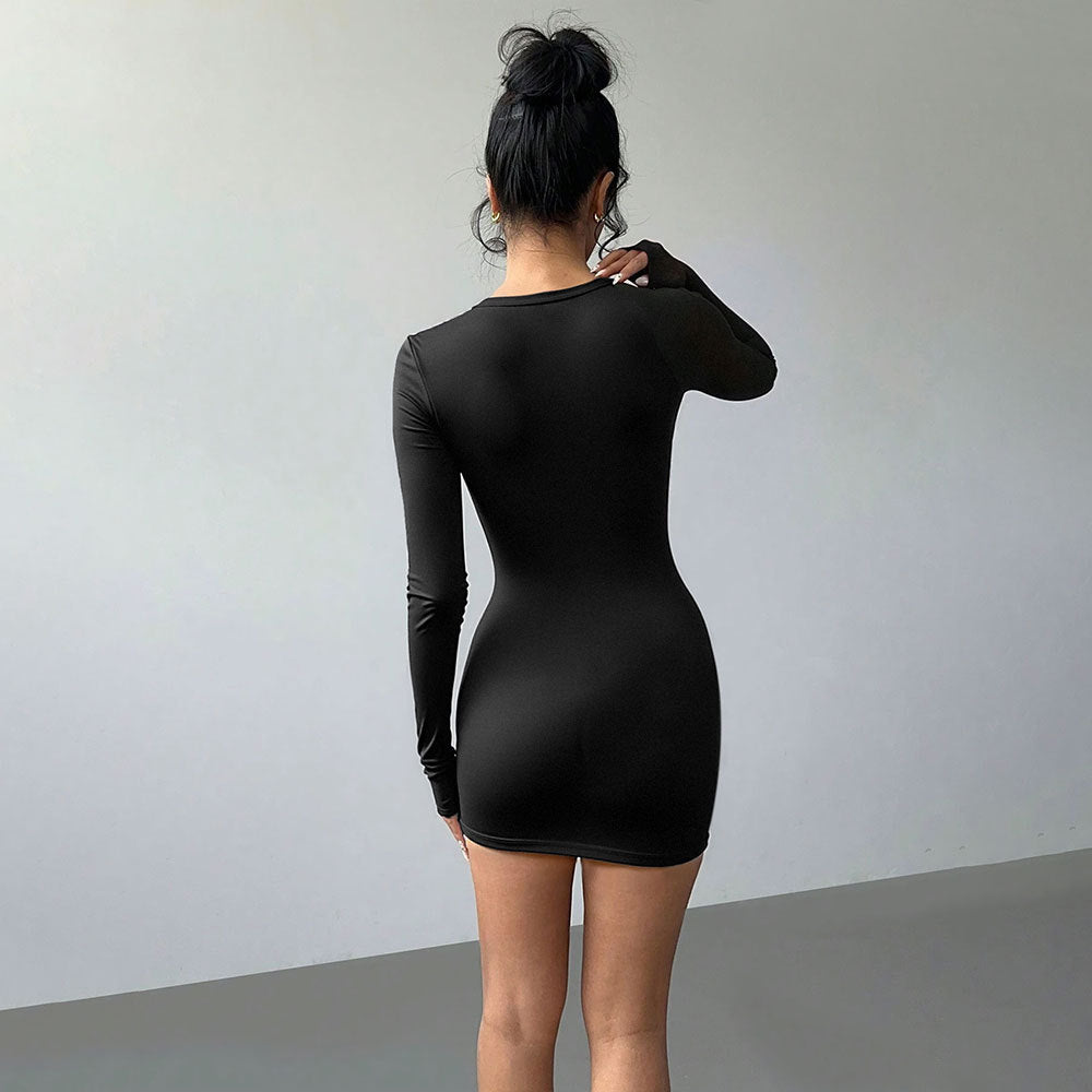 Autumn Winter Sexy Hollow Out Cutout Long Sleeved Slim Fit Sheath Solid Color Party Dress by Ragazza