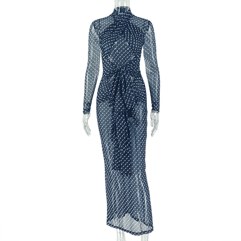 Outdoor Elegant Women Clothing Polka Dot Cinched Hip Dress Turtleneck Long Sleeve Travel Tight Dress by Ragazza