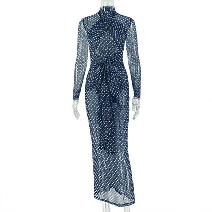 Outdoor Elegant Women Clothing Polka Dot Cinched Hip Dress Turtleneck Long Sleeve Travel Tight Dress by Ragazza