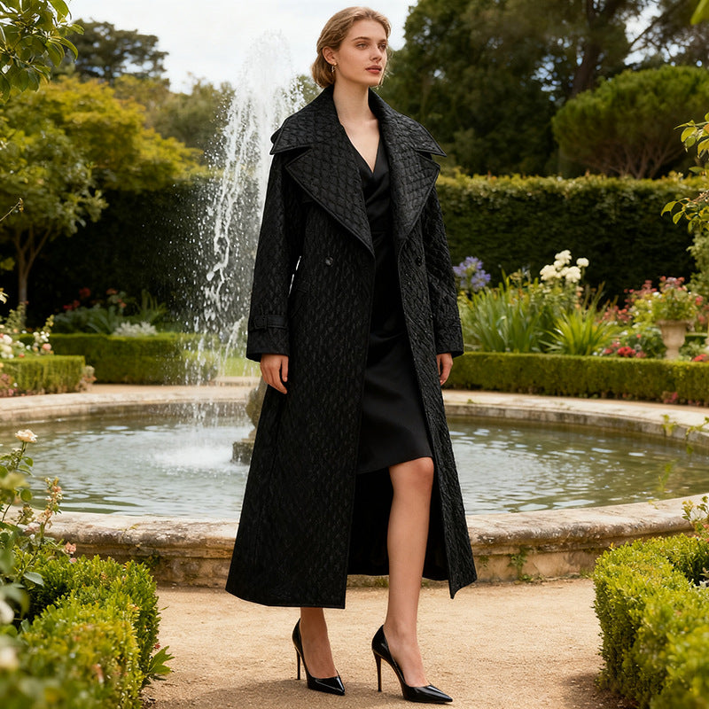 Women French Long Sleeve Loose Diamond Coat Autumn High Sense Show Thin Black Windbreaker by Ragazza