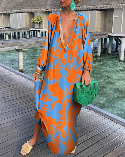 Fall Women Clothing Printed Pullover Long Sleeve Dress V neck Swing Loose Jumpsuit by Ragazza