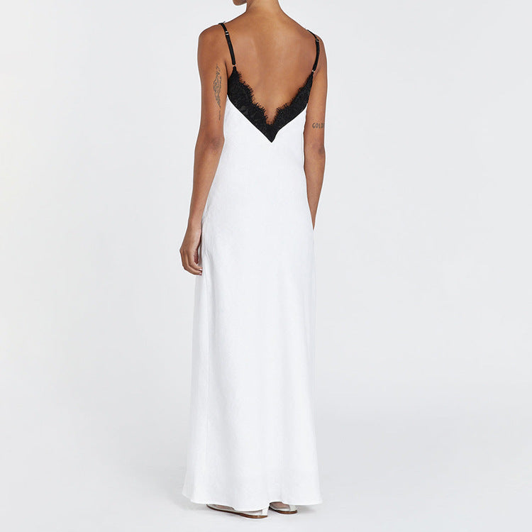 Stitching Design Lace Contrast Color Cami Dress Women Sexy Backless V neck Sleeveless Sheath Dress by Ragazza