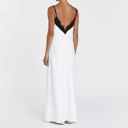 Stitching Design Lace Contrast Color Cami Dress Women Sexy Backless V neck Sleeveless Sheath Dress by Ragazza