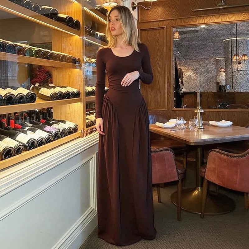 Women Autumn French U Shaped Collar Solid Color Long Sleeve Tied Waist Slimming Dress by Ragazza