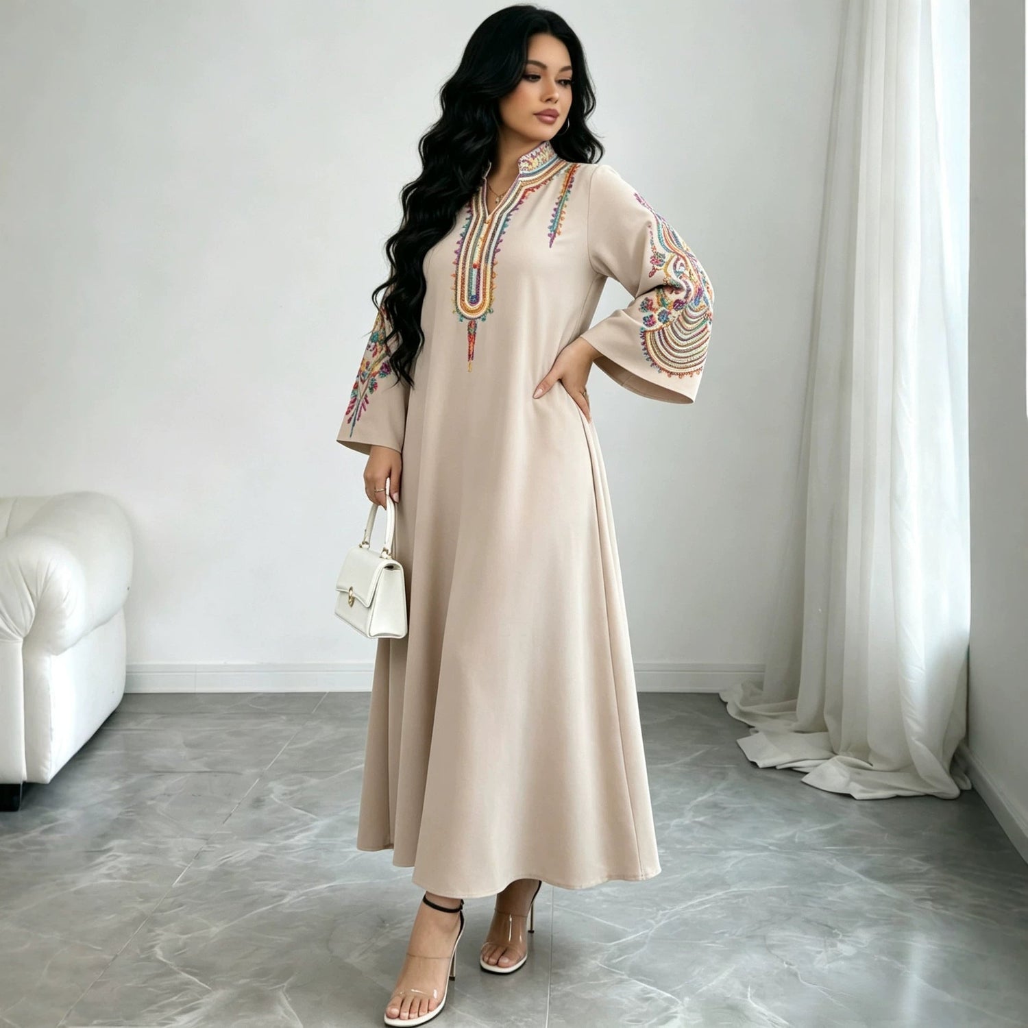 Ethnic Embroidered Pullover Dress Loose Robe Rope Embroidery Craft Women Clothing  DestGlow