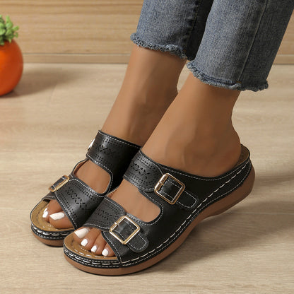 Carved Belt Buckle Platform Slippers Women Wedge Lightweight Outdoor Slippers  DestGlow