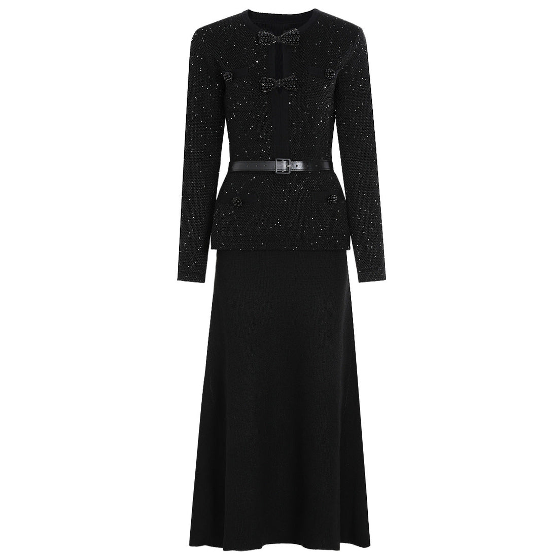 Spring Autumn Knitted round Neck Slim Fit Slimming Heavy Industry Beads Long Sleeve Dress by Ragazza