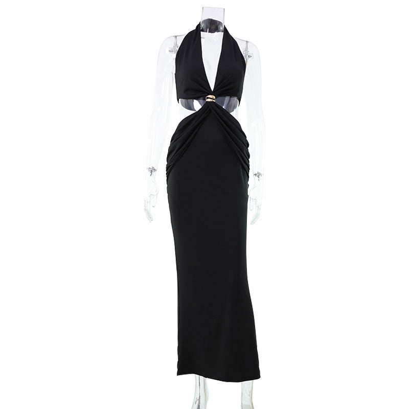 Women Clothing Hollow Out Cutout Deep V Plunge neck Halter Sleeveless Sexy Sheath Dress Graceful Formal Dress by Ragazza