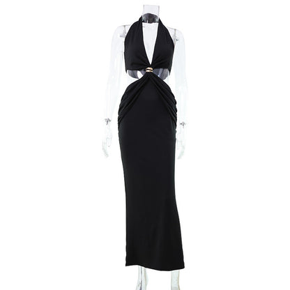 Women Clothing Hollow Out Cutout Deep V Plunge neck Halter Sleeveless Sexy Sheath Dress Graceful Formal Dress by Ragazza