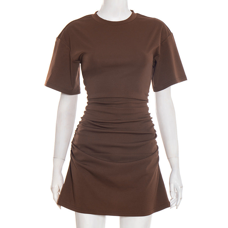 Women Clothing Spring Summer Solid Color round Neck Waist Sheath Pleated Dress by Ragazza