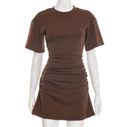 Women Clothing Spring Summer Solid Color round Neck Waist Sheath Pleated Dress by Ragazza