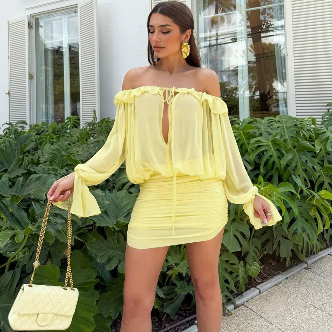 Fall Women Clothing Sexy off the Shoulder Hollow Out Cutout out Tied Solid Color Slim Hip Bag Dress by Ragazza