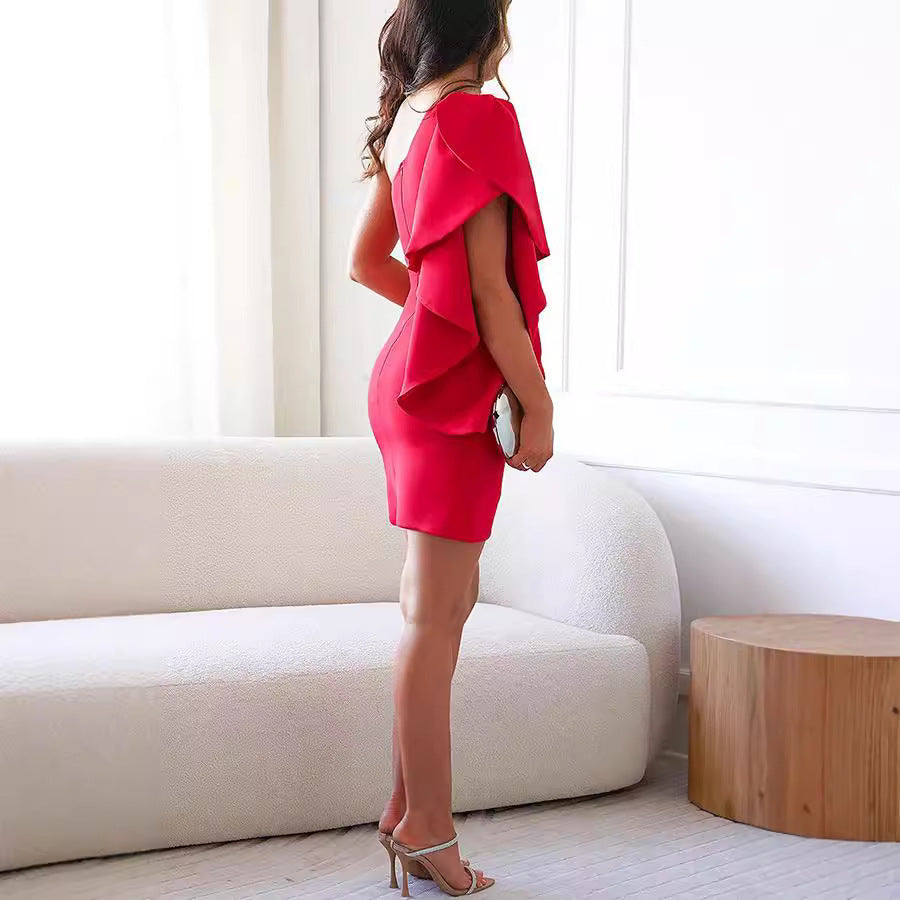 Ruffled One Shoulder Solid Color Sexy Dress Cocktail Evening Dress Women by Ragazza