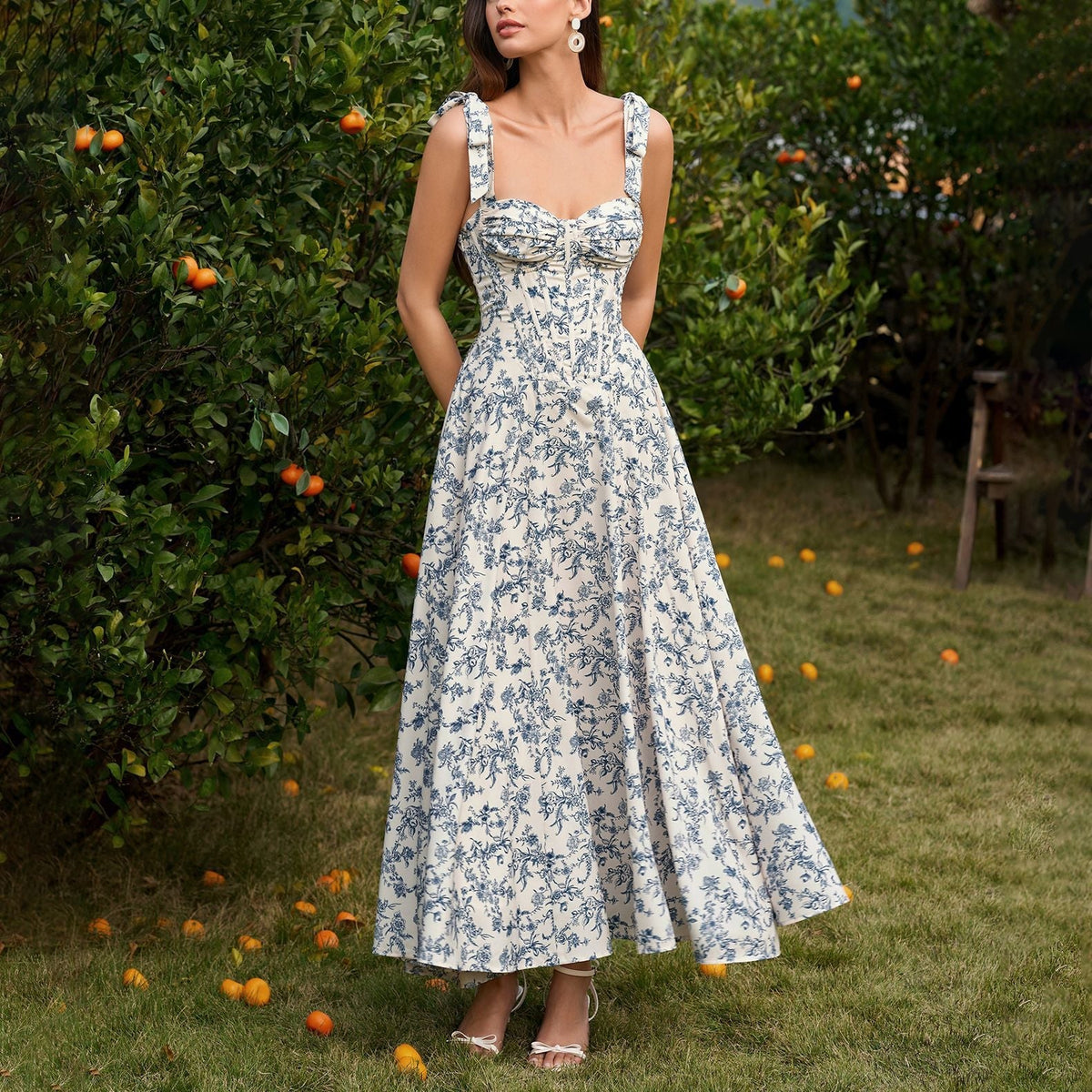 Summer Four Sided Stretch Printing Slip Dress Dignified Goddess Backless Waist Trimming Lace up Boning Corset Dress  DestGlow