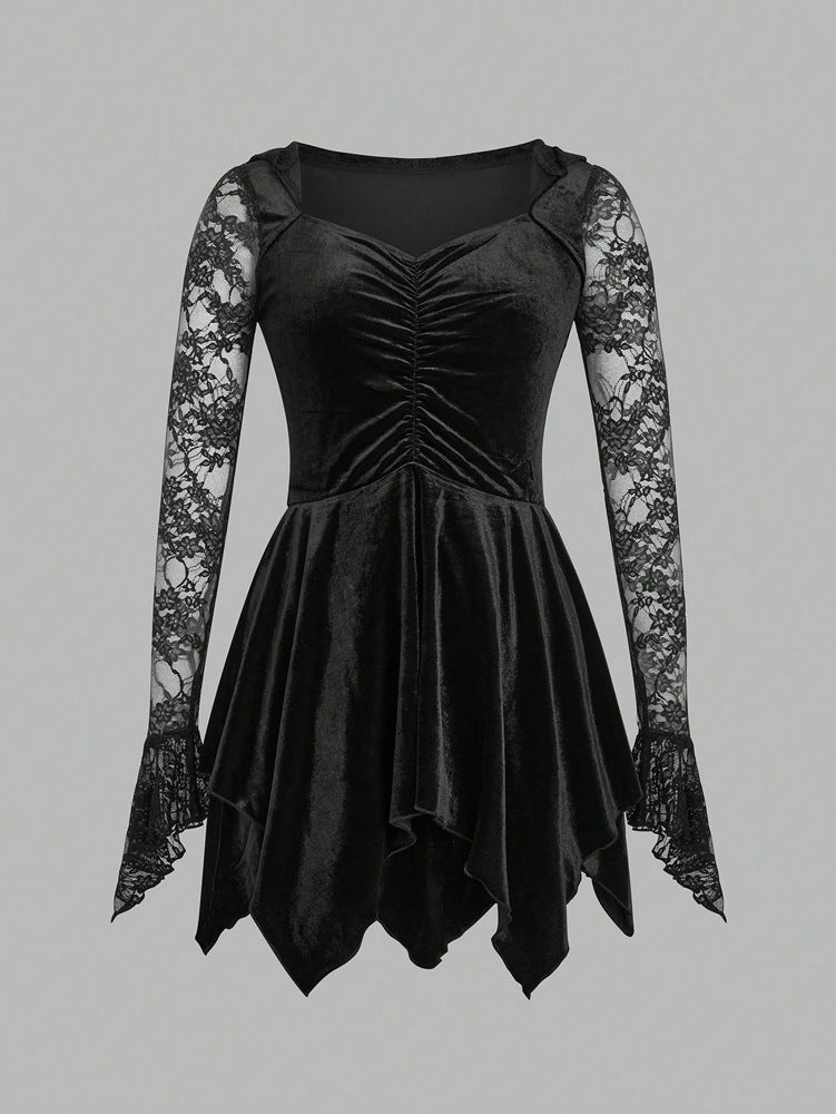 Gothic Vintage Lace Stitching Women Dress Gothic Bandage Ladies Long Sleeve Velvet Dress by Ragazza