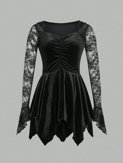 Gothic Vintage Lace Stitching Women Dress Gothic Bandage Ladies Long Sleeve Velvet Dress by Ragazza
