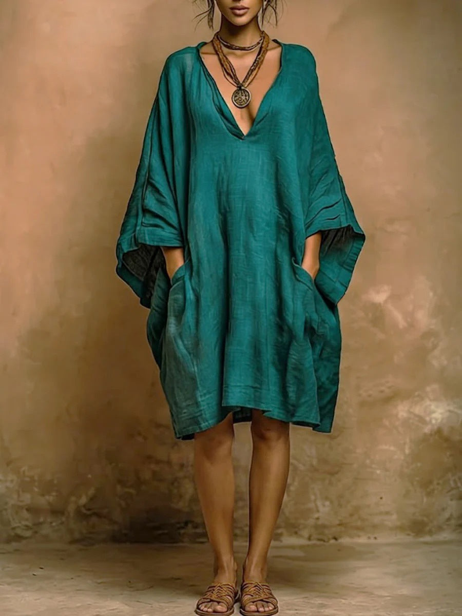 Loose Large V neck Pocket Batwing Sleeve Solid Color Midi Dress  DestGlow