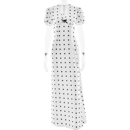 V neck Waist-Controlled Lace up Puff Sleeve Polka Dot Elegant Sexy Slim Dress Maxi Dress by Ragazza