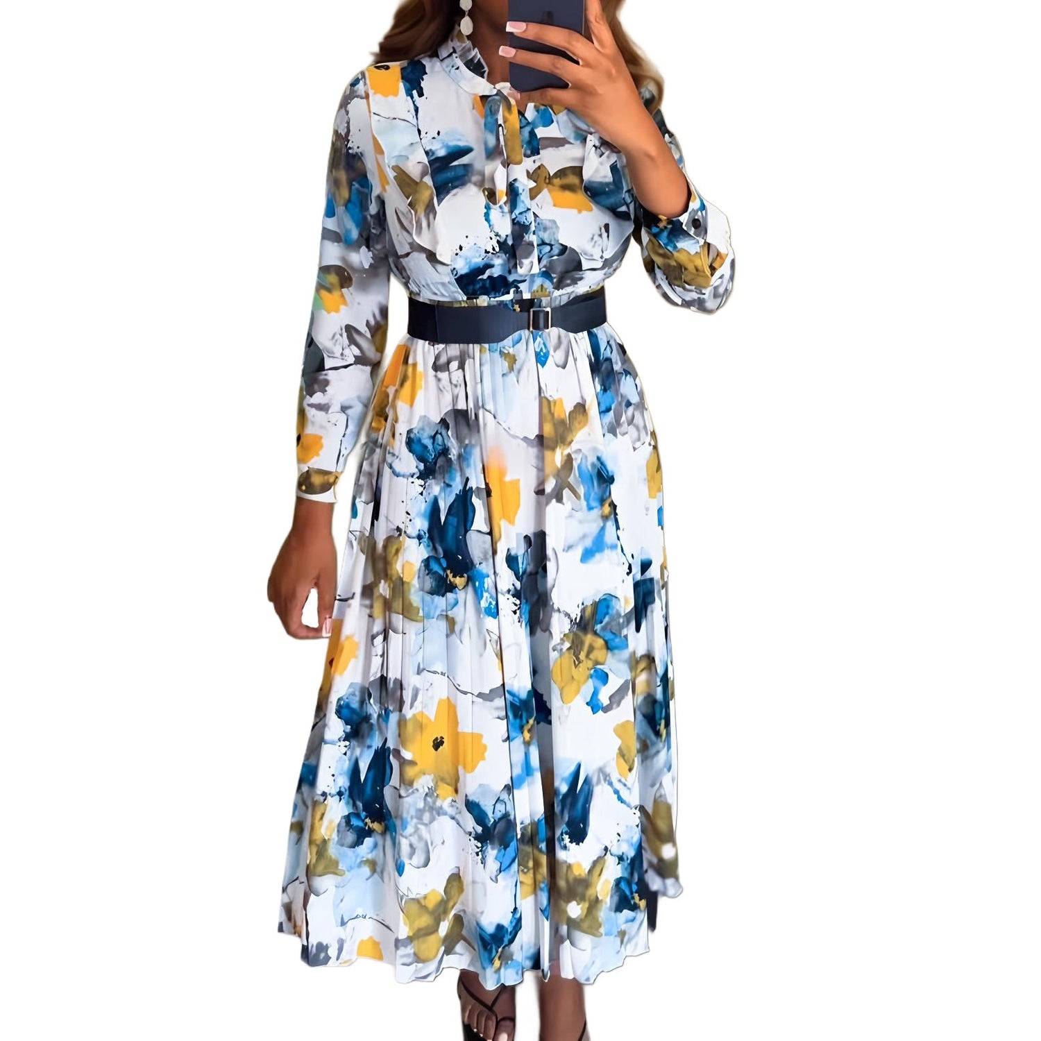 V neck Printed Waist-Controlled Casual Vacation Elegant Long Sleeve A line Dress （Without Belt） by Ragazza