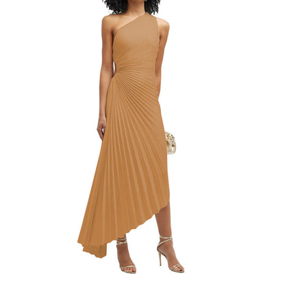 Women Clothing One Shoulder Pleated Color Light Color Series Irregular Asymmetric Dress  DestGlow