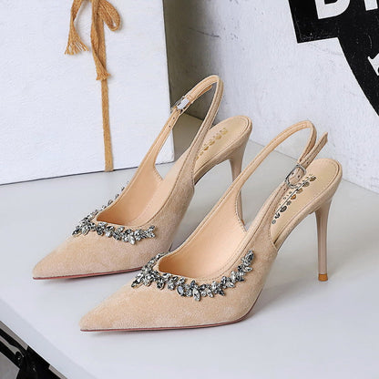 Cocktail High Heels Stiletto Heel Pointed Toe Rhinestone Shallow Mouth Suede Back Empty Back Strap Super High Heel Shoes  DestGlow